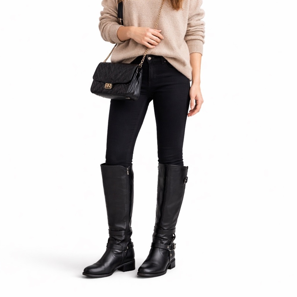 G by Guess Hyderi Black Knee High Riding Boots Buckle Harness Size 9